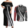 Aotearoa Maori Rugby Custom Couples Matching Off Shoulder Maxi Dress and Long Sleeve Button Shirt Kapa O Pango