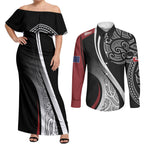 Aotearoa Maori Rugby Custom Couples Matching Off Shoulder Maxi Dress and Long Sleeve Button Shirt Kapa O Pango