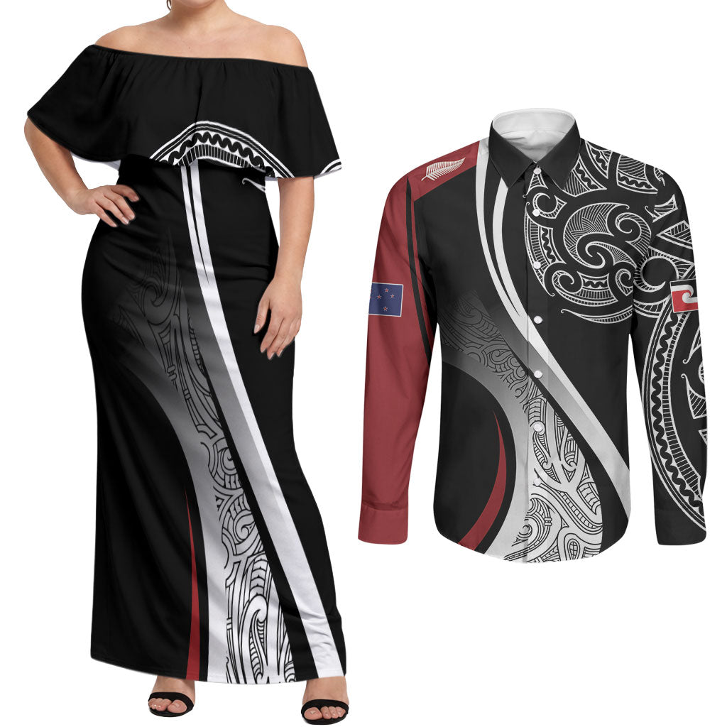 Aotearoa Maori Rugby Custom Couples Matching Off Shoulder Maxi Dress and Long Sleeve Button Shirt Kapa O Pango