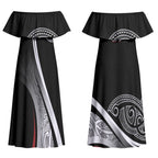 Aotearoa Maori Rugby Custom Couples Matching Off Shoulder Maxi Dress and Long Sleeve Button Shirt Kapa O Pango