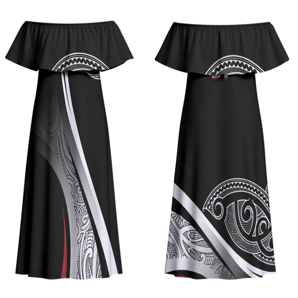 Aotearoa Maori Rugby Custom Couples Matching Off Shoulder Maxi Dress and Long Sleeve Button Shirt Kapa O Pango