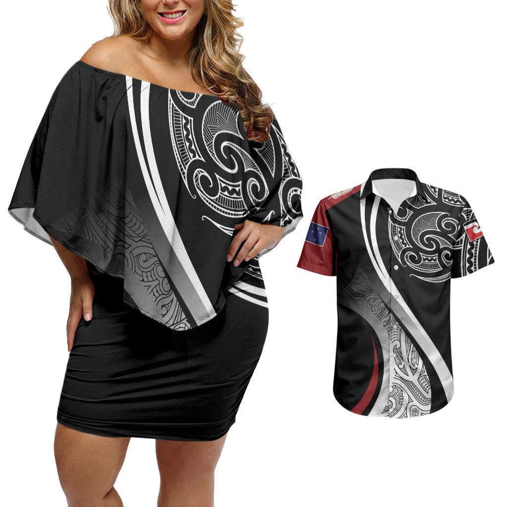 Aotearoa Maori Rugby Custom Couples Matching Off Shoulder Short Dress and Hawaiian Shirt Kapa O Pango
