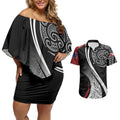 Aotearoa Maori Rugby Custom Couples Matching Off Shoulder Short Dress and Hawaiian Shirt Kapa O Pango