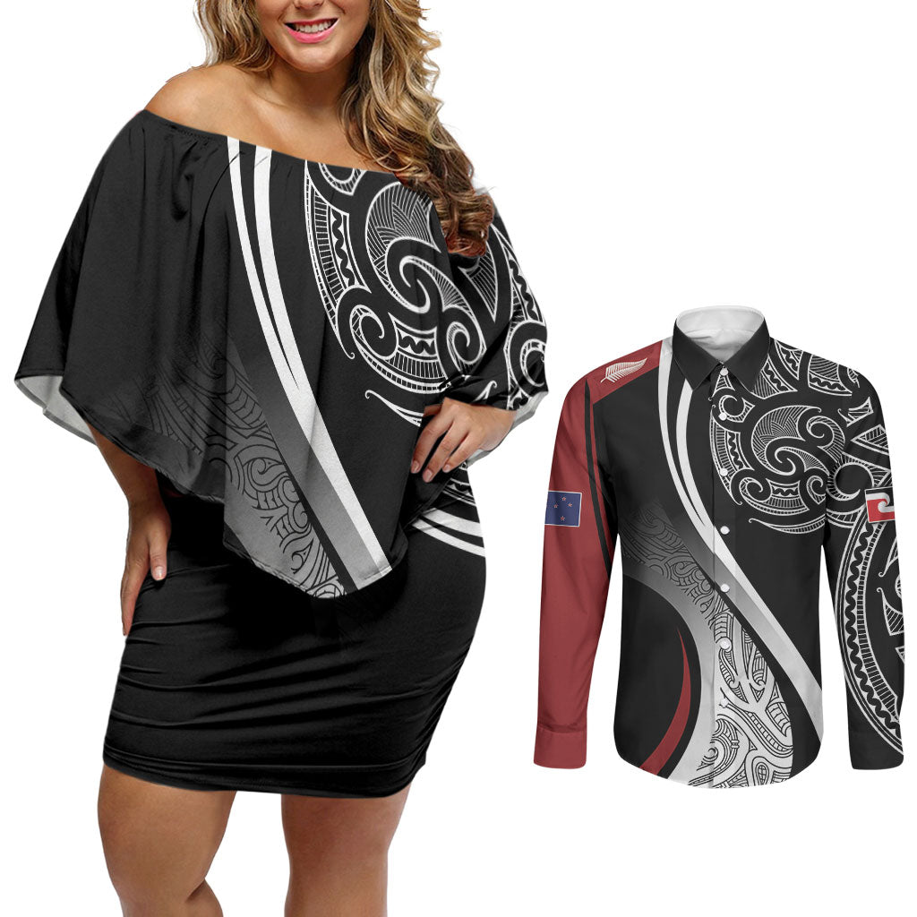 Aotearoa Maori Rugby Custom Couples Matching Off Shoulder Short Dress and Long Sleeve Button Shirt Kapa O Pango