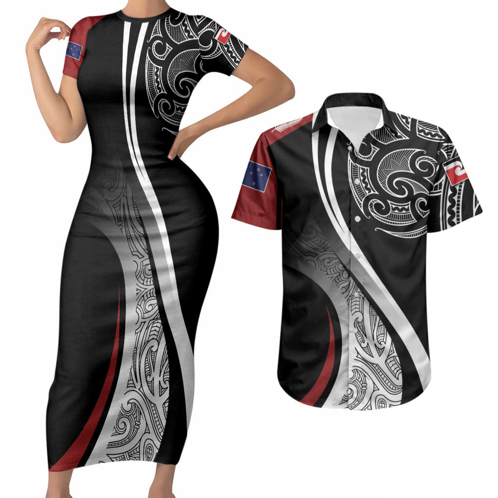 Aotearoa Maori Rugby Custom Couples Matching Short Sleeve Bodycon Dress and Hawaiian Shirt Kapa O Pango