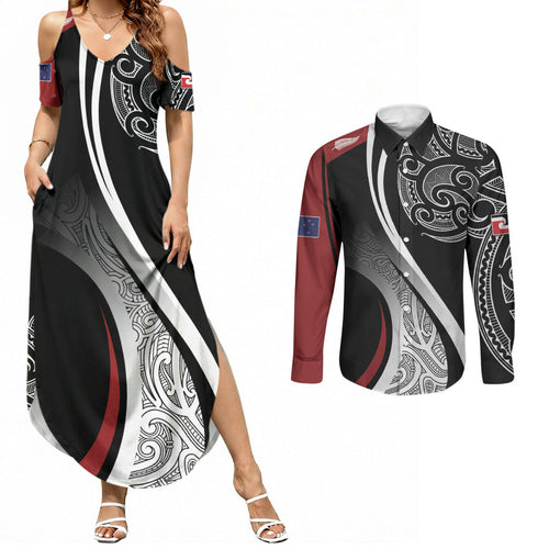 Aotearoa Maori Rugby Custom Couples Matching Summer Maxi Dress and Long Sleeve Button Shirt Kapa O Pango