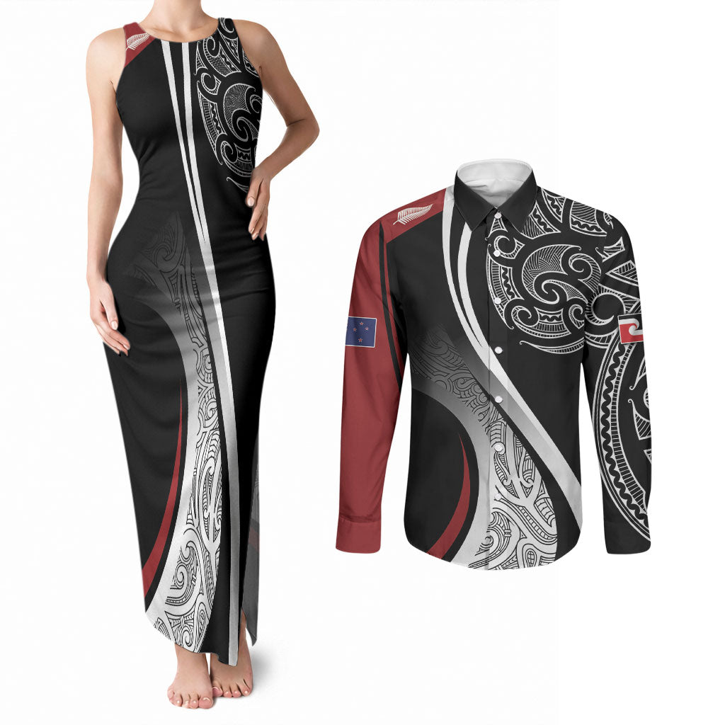 Aotearoa Maori Rugby Custom Couples Matching Tank Maxi Dress and Long Sleeve Button Shirt Kapa O Pango