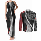 Aotearoa Maori Rugby Custom Couples Matching Tank Maxi Dress and Long Sleeve Button Shirt Kapa O Pango