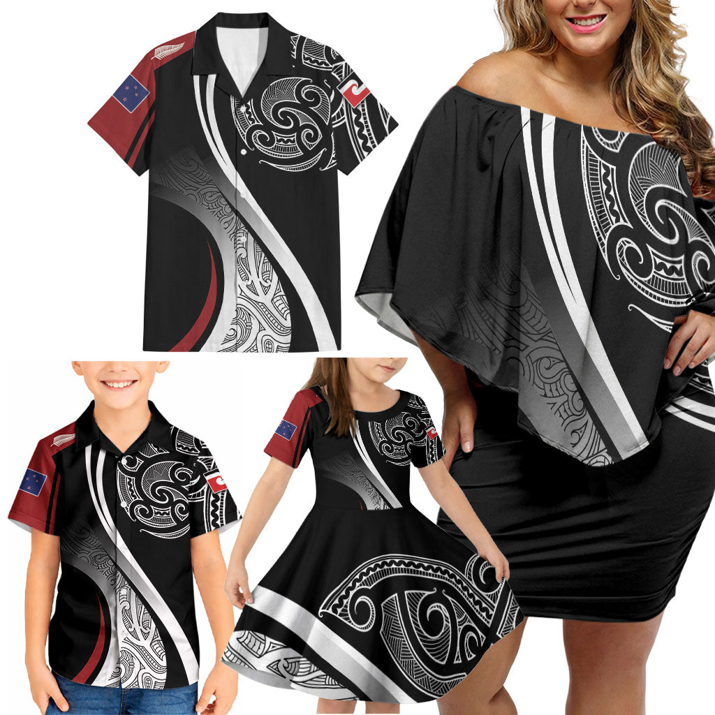 Aotearoa Maori Rugby Custom Family Matching Off Shoulder Short Dress and Hawaiian Shirt Kapa O Pango