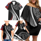 Aotearoa Maori Rugby Custom Family Matching Off Shoulder Short Dress and Hawaiian Shirt Kapa O Pango