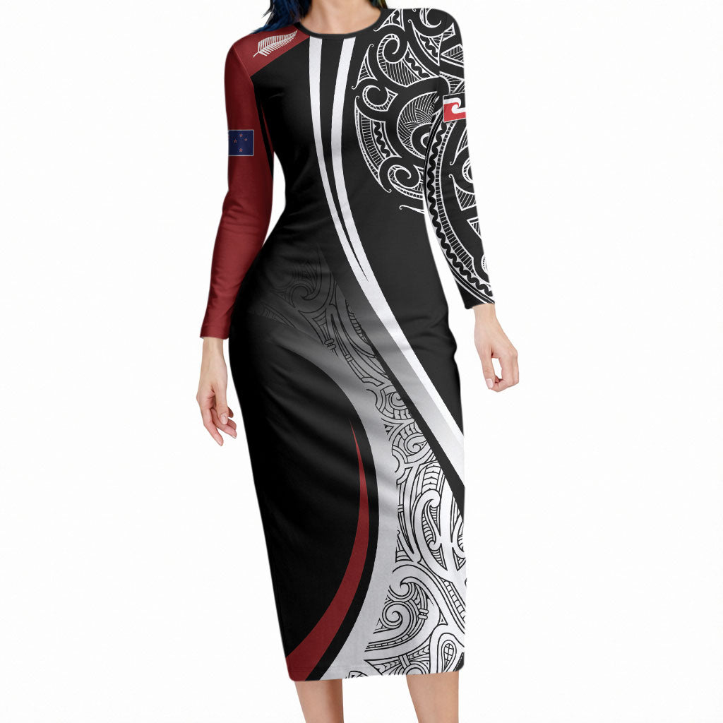 Aotearoa Maori Rugby Custom Long Sleeve Bodycon Dress Kapa O Pango