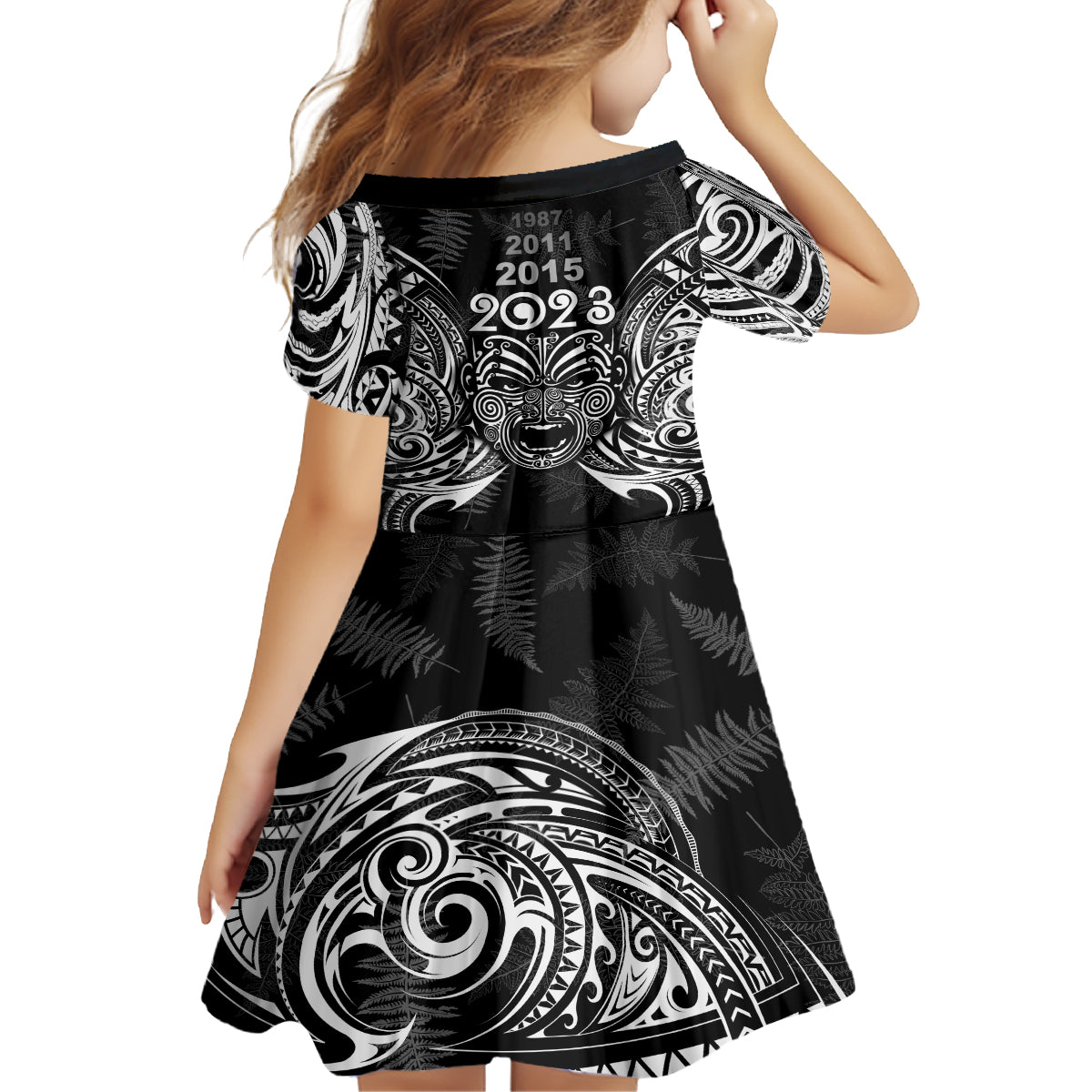 custom-new-zealand-rugby-kid-short-sleeve-dress-2023-world-cup-aotearoa-haka-face