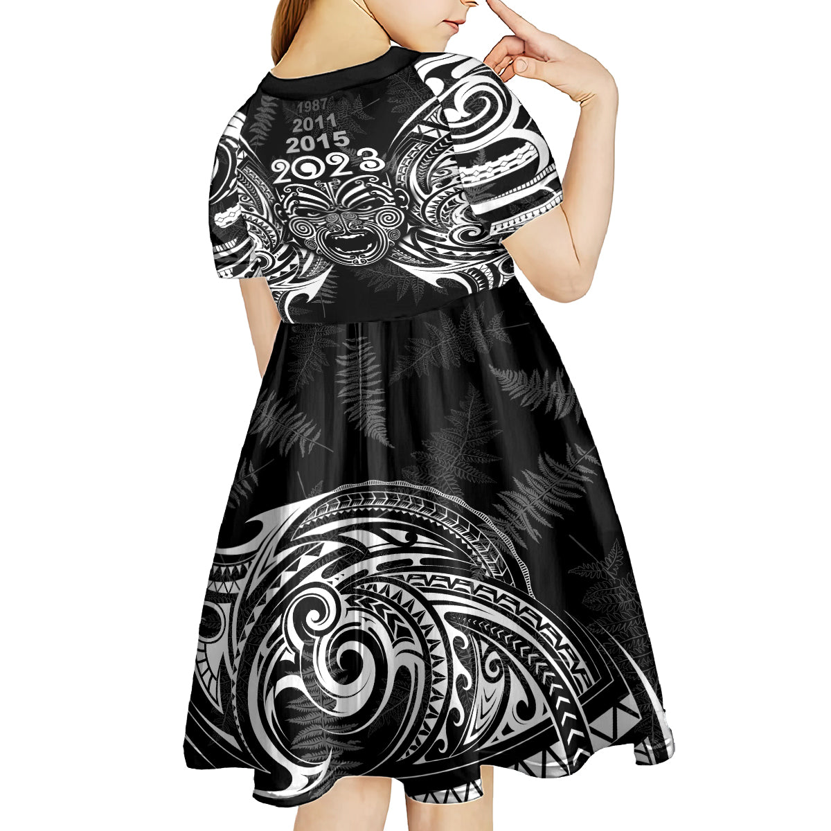 custom-new-zealand-rugby-kid-short-sleeve-dress-2023-world-cup-aotearoa-haka-face