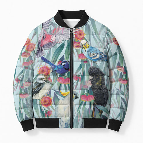 National Bird Week - Aussie Birds on Eucalyptus Bomber Puffer Jacket Sky Blue