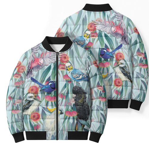 National Bird Week - Aussie Birds on Eucalyptus Bomber Puffer Jacket Sky Blue