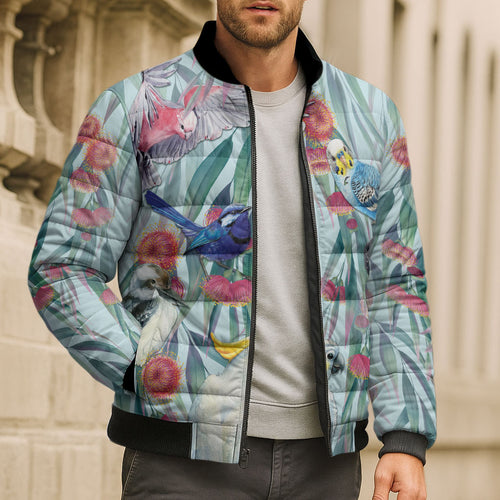 National Bird Week - Aussie Birds on Eucalyptus Bomber Puffer Jacket Sky Blue