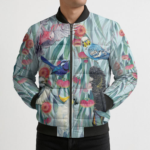 National Bird Week - Aussie Birds on Eucalyptus Bomber Puffer Jacket Sky Blue