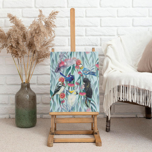 National Bird Week - Aussie Birds on Eucalyptus Canvas Wall Art Sky Blue