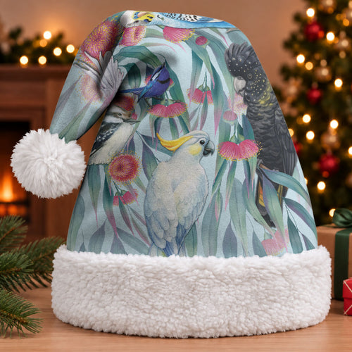 National Bird Week - Aussie Birds on Eucalyptus Christmas Santa Hat Sky Blue