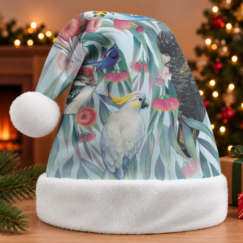 National Bird Week - Aussie Birds on Eucalyptus Christmas Santa Hat Sky Blue