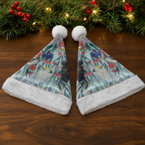 National Bird Week - Aussie Birds on Eucalyptus Christmas Santa Hat Sky Blue