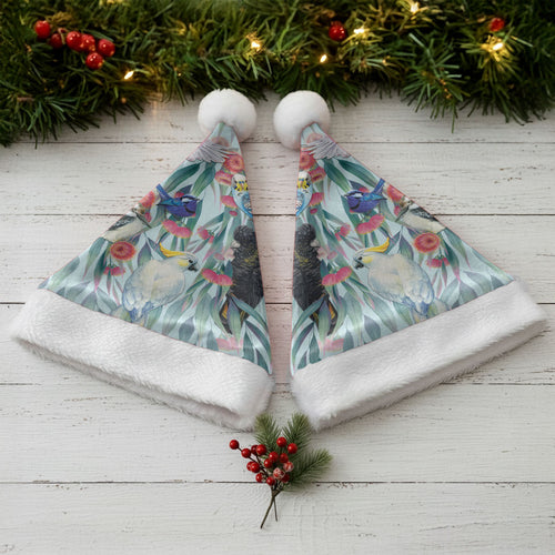National Bird Week - Aussie Birds on Eucalyptus Christmas Santa Hat Sky Blue