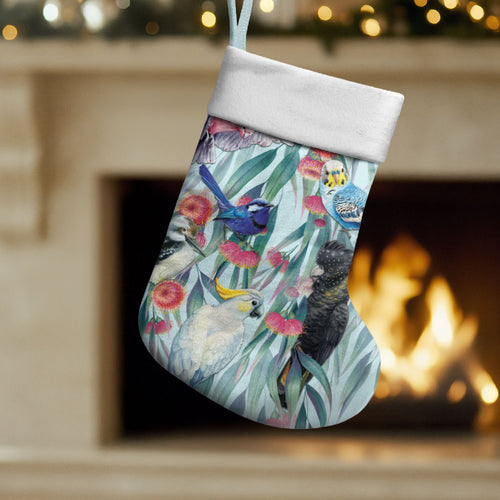 National Bird Week - Aussie Birds on Eucalyptus Christmas Stocking Sky Blue