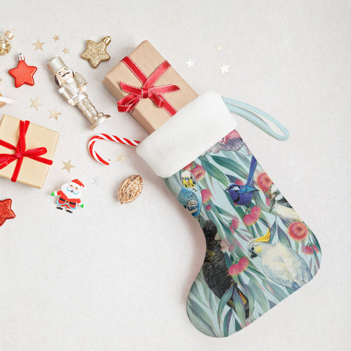 National Bird Week - Aussie Birds on Eucalyptus Christmas Stocking Sky Blue