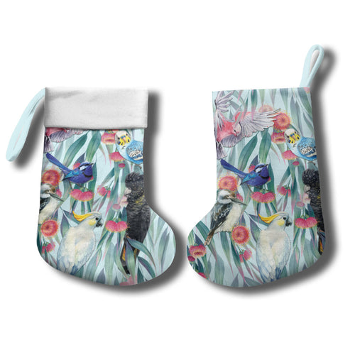 National Bird Week - Aussie Birds on Eucalyptus Christmas Stocking Sky Blue