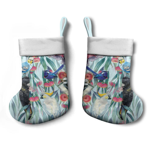 National Bird Week - Aussie Birds on Eucalyptus Christmas Stocking Sky Blue