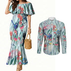 National Bird Week - Aussie Birds on Eucalyptus Couples Matching Mermaid Dress and Long Sleeve Button Shirt Sky Blue