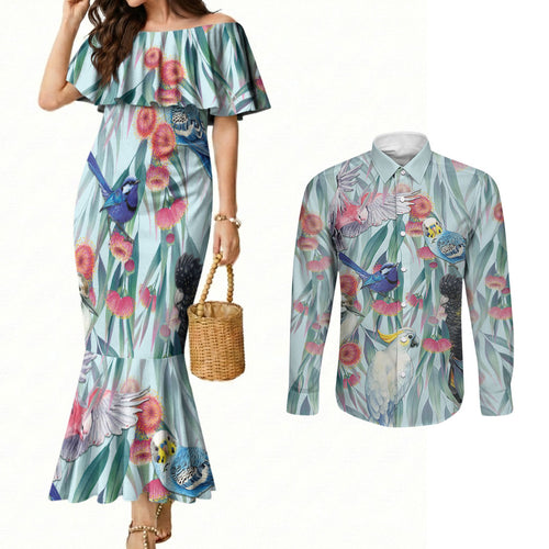 National Bird Week - Aussie Birds on Eucalyptus Couples Matching Mermaid Dress and Long Sleeve Button Shirt Sky Blue