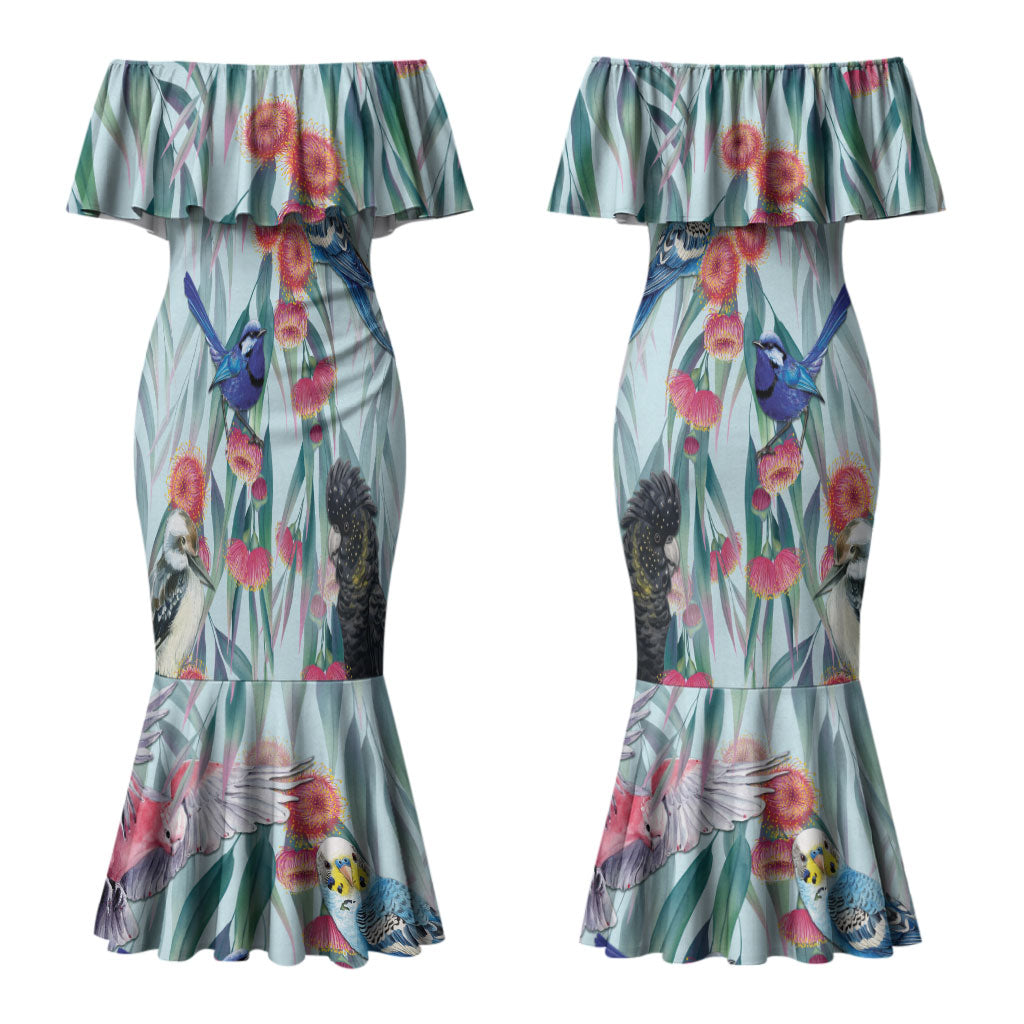 National Bird Week - Aussie Birds on Eucalyptus Couples Matching Mermaid Dress and Long Sleeve Button Shirt Sky Blue