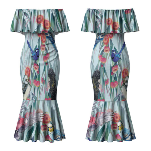 National Bird Week - Aussie Birds on Eucalyptus Couples Matching Mermaid Dress and Long Sleeve Button Shirt Sky Blue