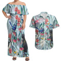 National Bird Week - Aussie Birds on Eucalyptus Couples Matching Off Shoulder Maxi Dress and Hawaiian Shirt Sky Blue