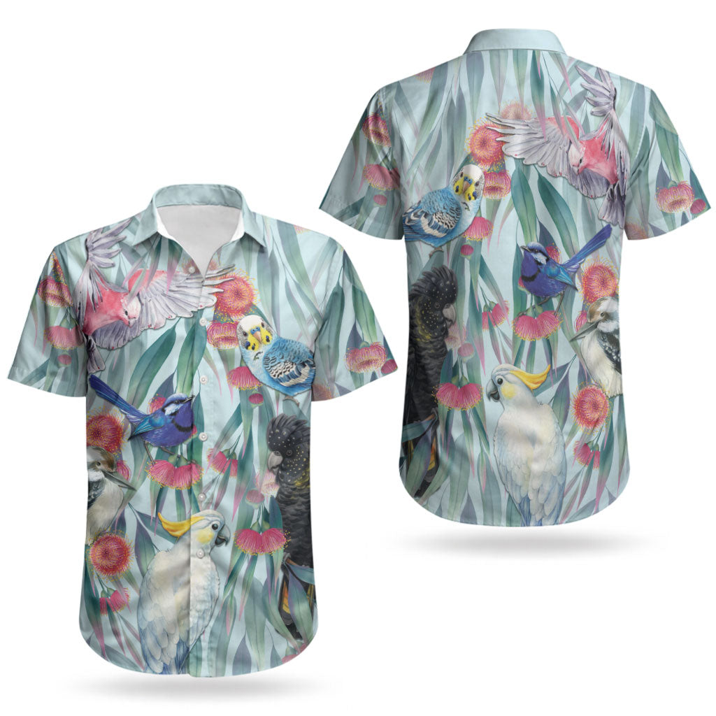 National Bird Week - Aussie Birds on Eucalyptus Couples Matching Off Shoulder Maxi Dress and Hawaiian Shirt Sky Blue
