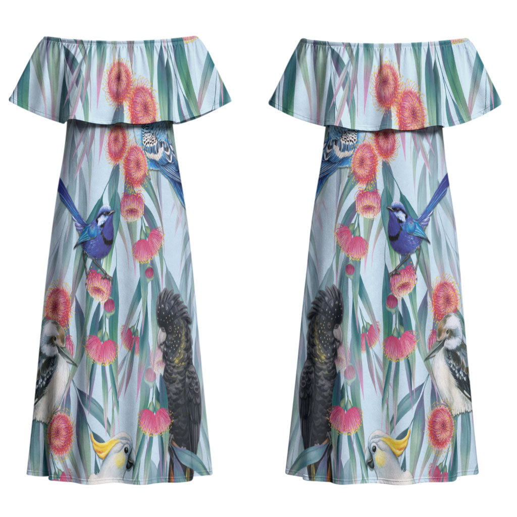 National Bird Week - Aussie Birds on Eucalyptus Couples Matching Off Shoulder Maxi Dress and Hawaiian Shirt Sky Blue