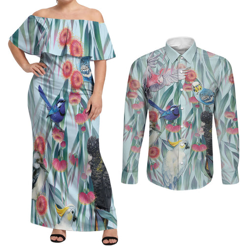 National Bird Week - Aussie Birds on Eucalyptus Couples Matching Off Shoulder Maxi Dress and Long Sleeve Button Shirt Sky Blue