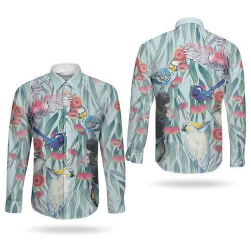 National Bird Week - Aussie Birds on Eucalyptus Couples Matching Off Shoulder Maxi Dress and Long Sleeve Button Shirt Sky Blue