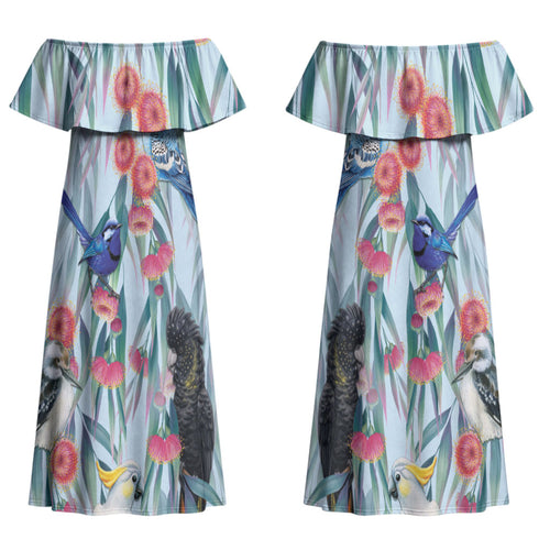 National Bird Week - Aussie Birds on Eucalyptus Couples Matching Off Shoulder Maxi Dress and Long Sleeve Button Shirt Sky Blue