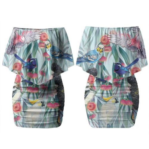 National Bird Week - Aussie Birds on Eucalyptus Couples Matching Off Shoulder Short Dress and Long Sleeve Button Shirt Sky Blue
