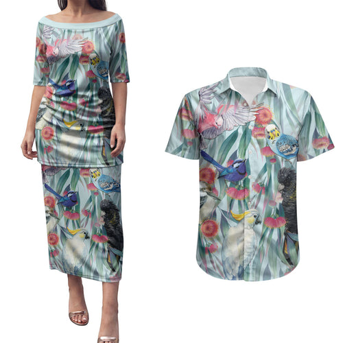 National Bird Week - Aussie Birds on Eucalyptus Couples Matching Puletasi and Hawaiian Shirt Sky Blue