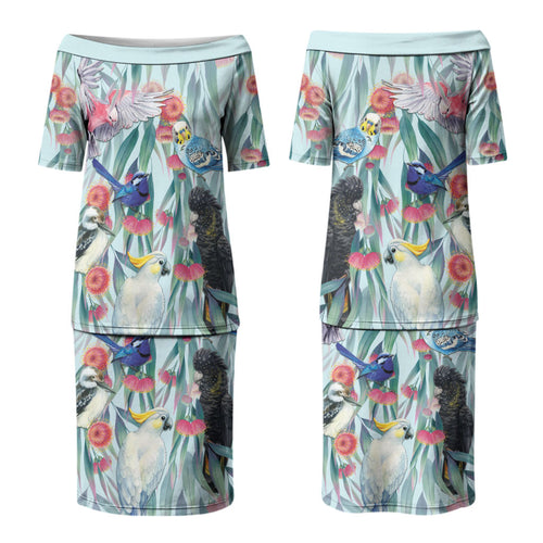 National Bird Week - Aussie Birds on Eucalyptus Couples Matching Puletasi and Hawaiian Shirt Sky Blue