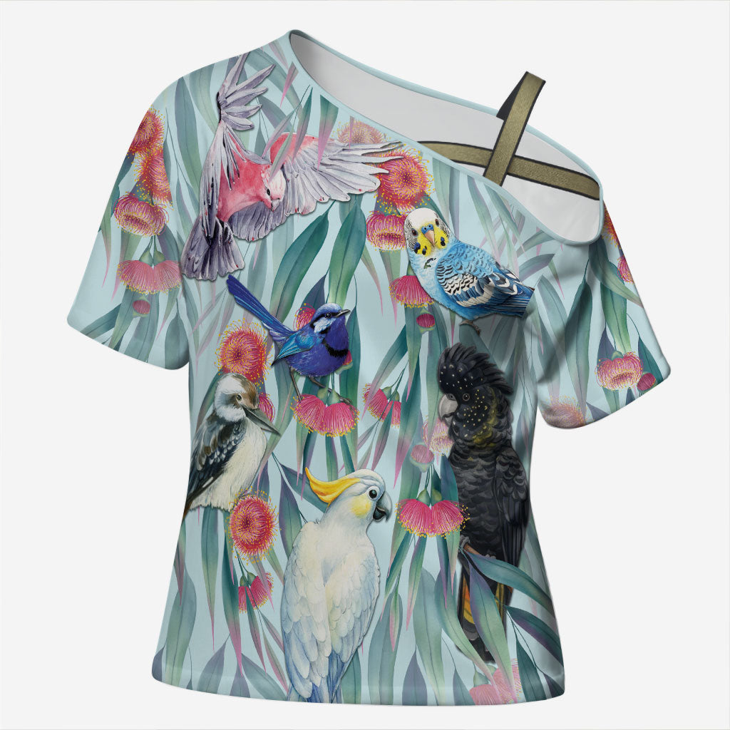 National Bird Week - Aussie Birds on Eucalyptus Cross Shoulder Shirt Sky Blue