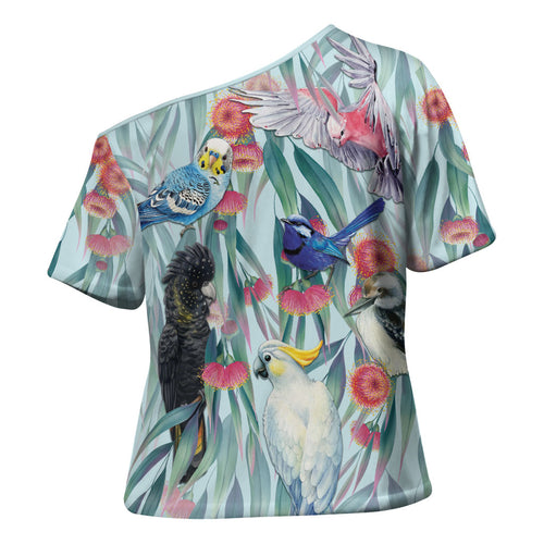 National Bird Week - Aussie Birds on Eucalyptus Cross Shoulder Shirt Sky Blue