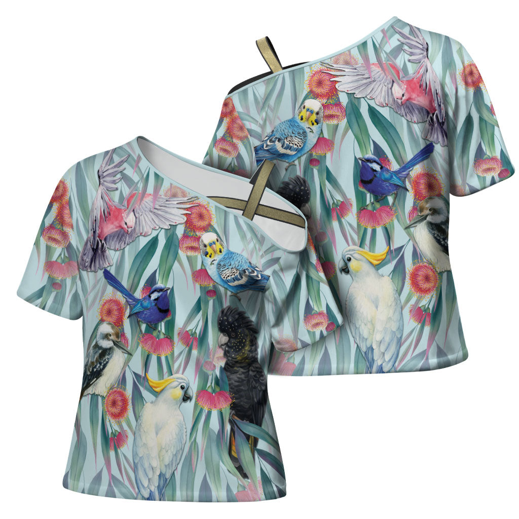National Bird Week - Aussie Birds on Eucalyptus Cross Shoulder Shirt Sky Blue