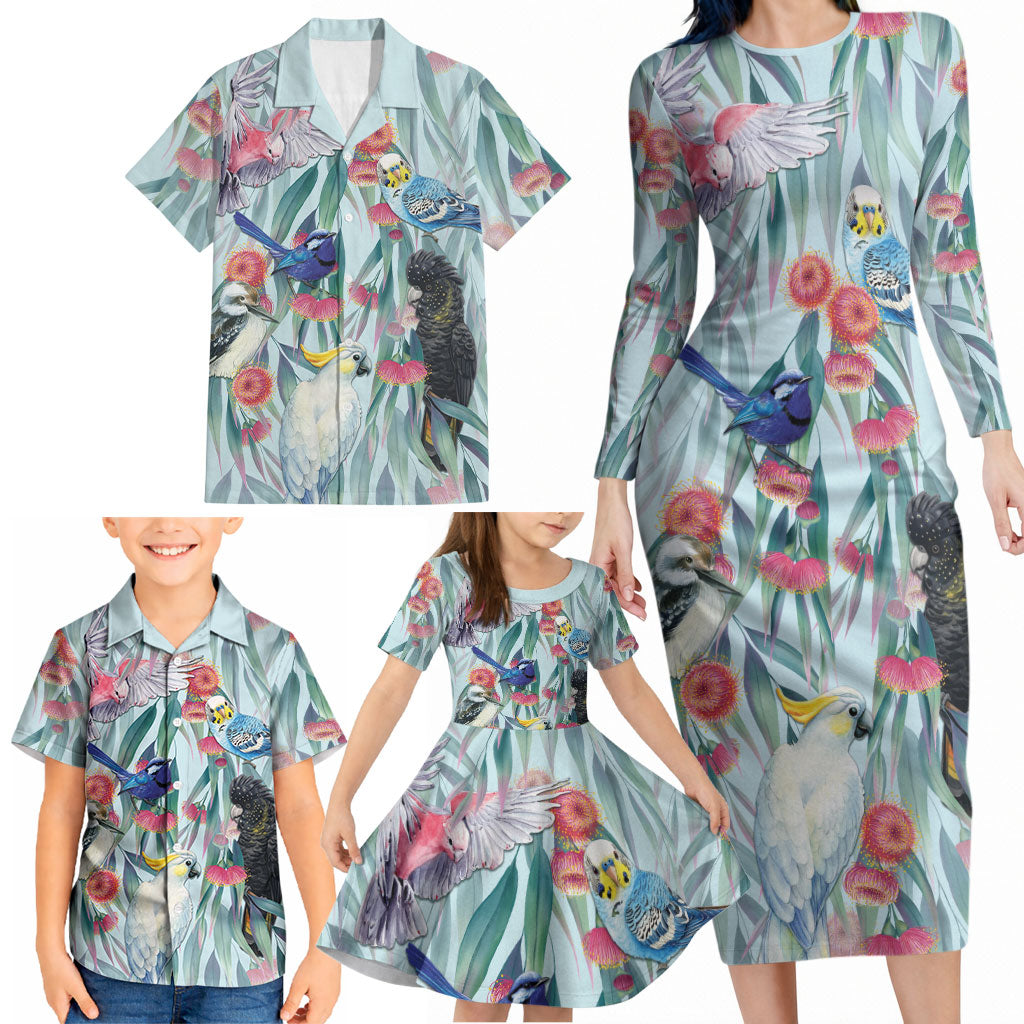 National Bird Week - Aussie Birds on Eucalyptus Family Matching Long Sleeve Bodycon Dress and Hawaiian Shirt Sky Blue