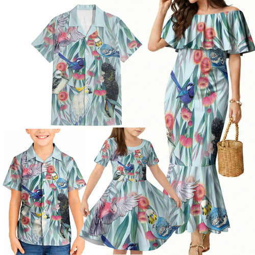 National Bird Week - Aussie Birds on Eucalyptus Family Matching Mermaid Dress and Hawaiian Shirt Sky Blue