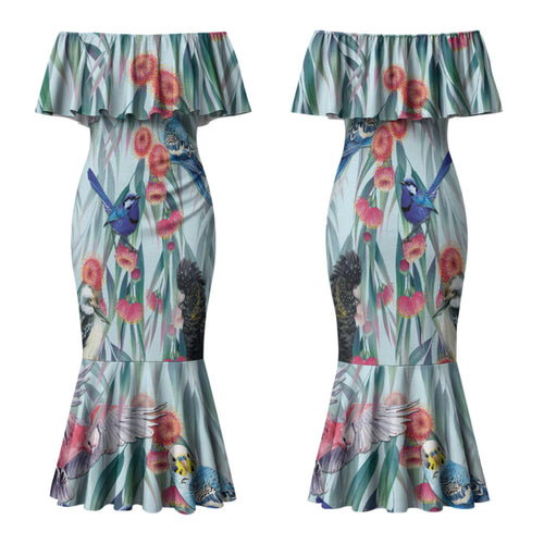 National Bird Week - Aussie Birds on Eucalyptus Family Matching Mermaid Dress and Hawaiian Shirt Sky Blue