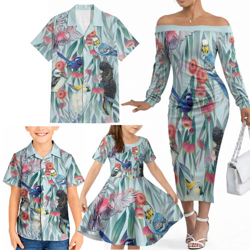 National Bird Week - Aussie Birds on Eucalyptus Family Matching Off The Shoulder Long Sleeve Dress and Hawaiian Shirt Sky Blue